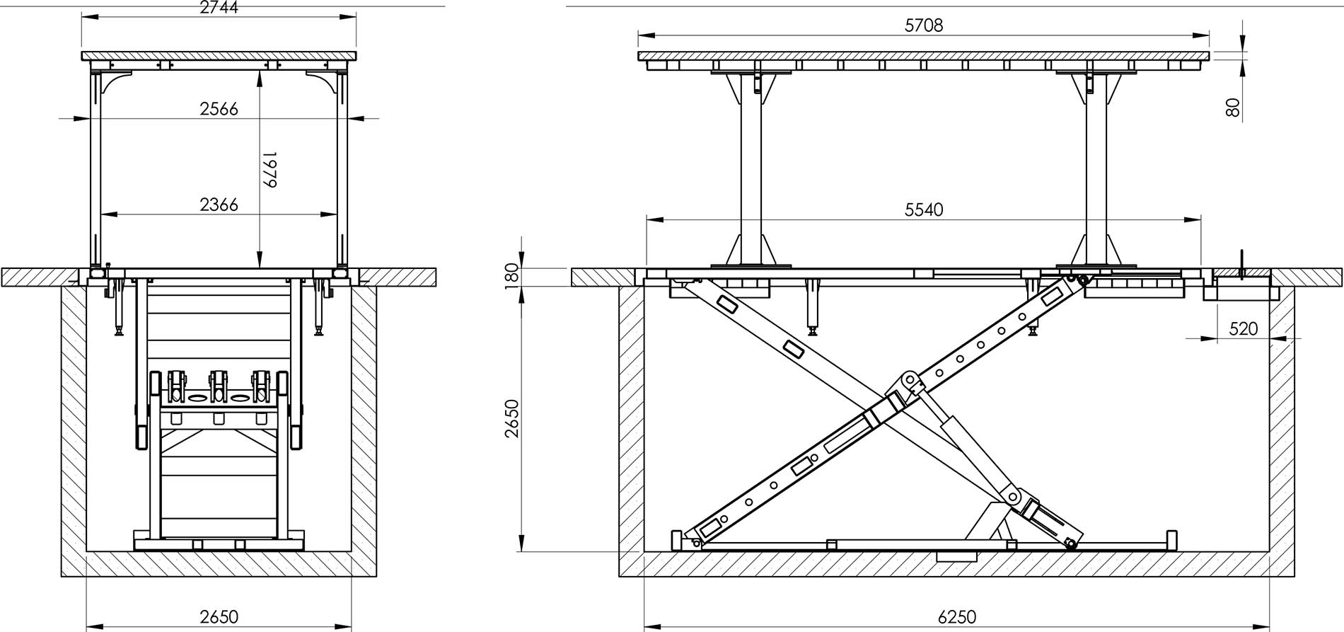 Underground garage - technical drawing with dimensions 